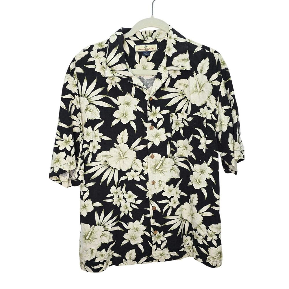 Tommy Bahama 100% Silk Hawaiian Camp Shirt Black Floral Men's Medium Resort